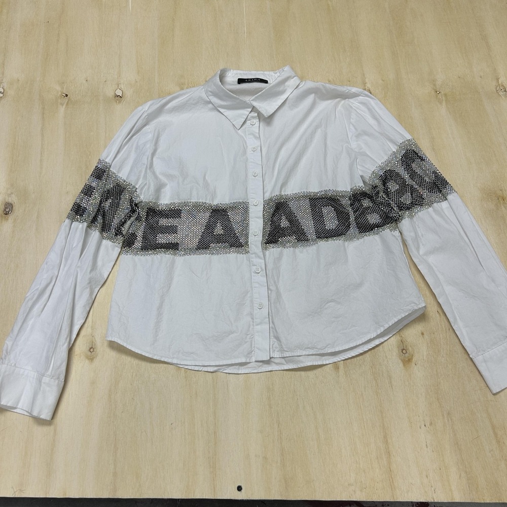 Akira Button Up Shirt Womens Large White Rhinestone Mesh Top